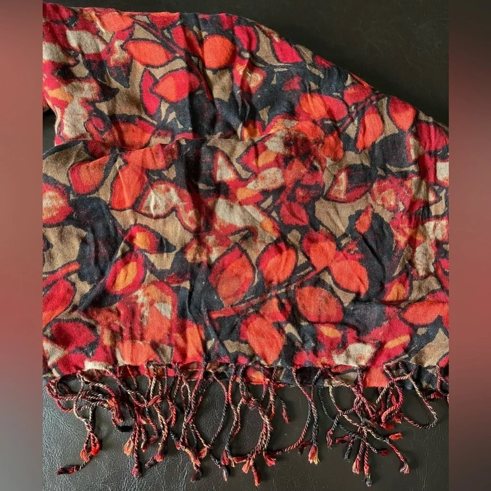 Unbranded Women’s Floral Fashion Scarf, Dark Orange/Red/Black, Tassel Fringe